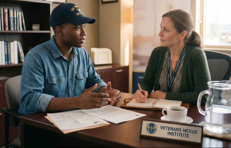 Veteran consulting with a Veterans Nexus Institute representative to review medical records and service history for a VA disability nexus letter evaluation in a professional office setting.