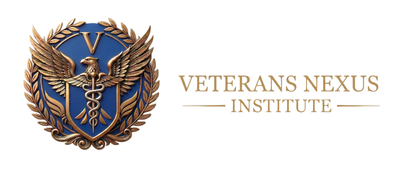 Veterans Nexus Institute logo featuring a gold eagle, caduceus, laurel wreath, and blue shield emblem.